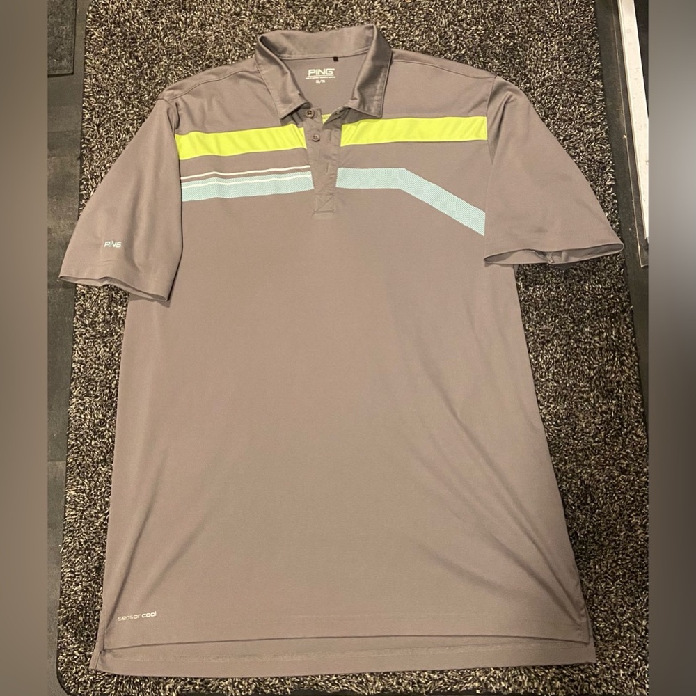 NWOT PING XL “Sensor Cool” Polo/Golf shirt. Grey w/Blue & Lime Green Stripes - Picture 2 of 7
